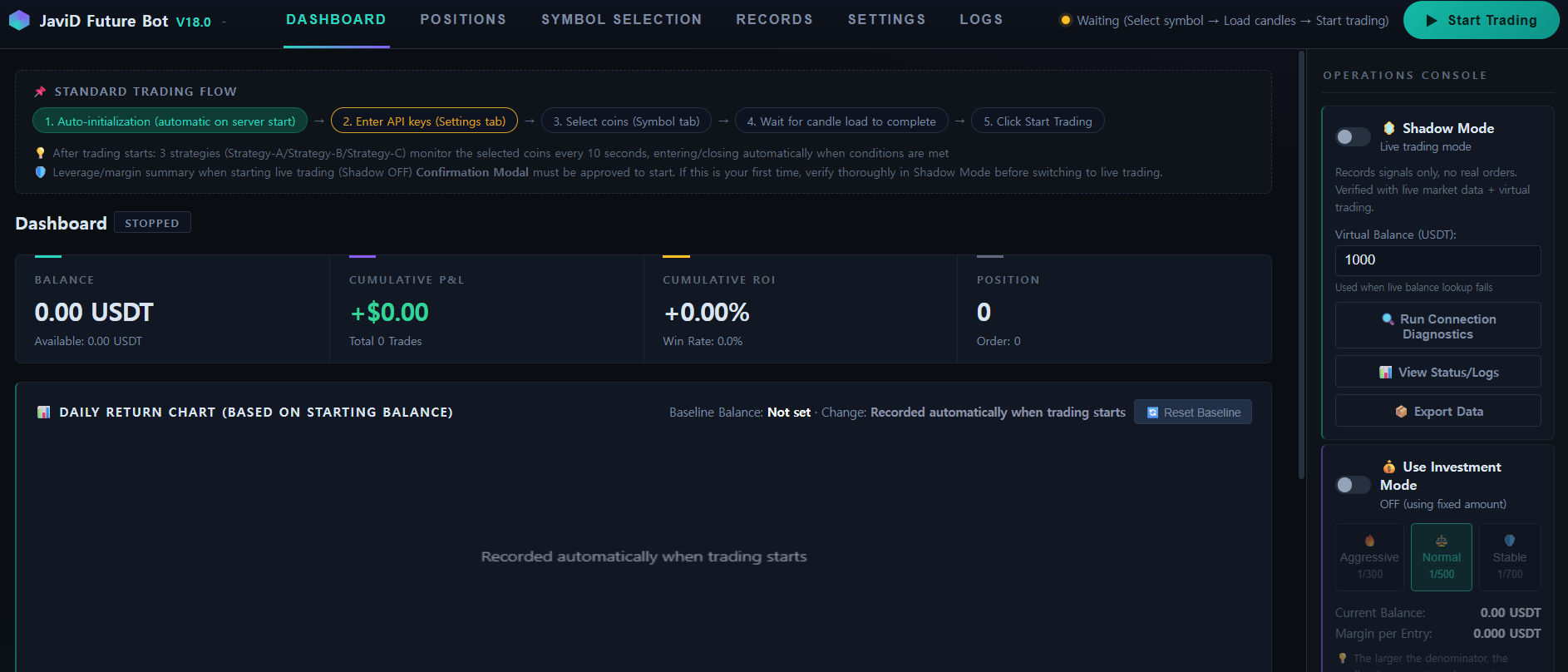JaviD Future Bot main dashboard, idle state